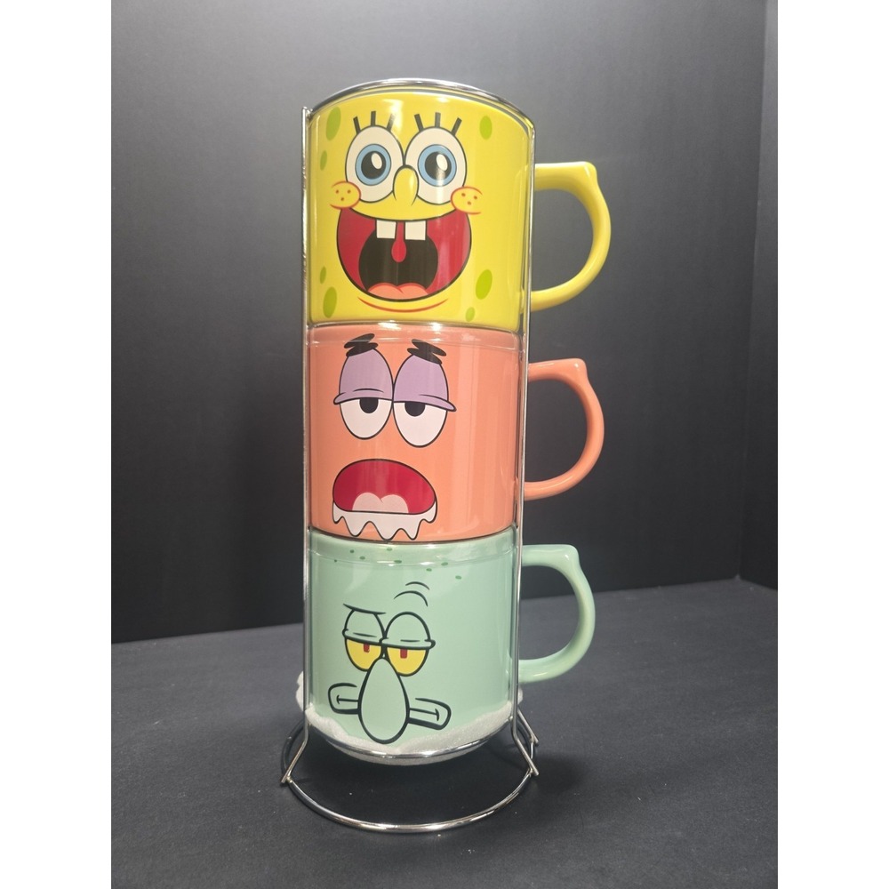 SpongeBob SquarePants Stackable Coffee Mug Set 16 oz 3 Mugs w/ Metal Rack 2025